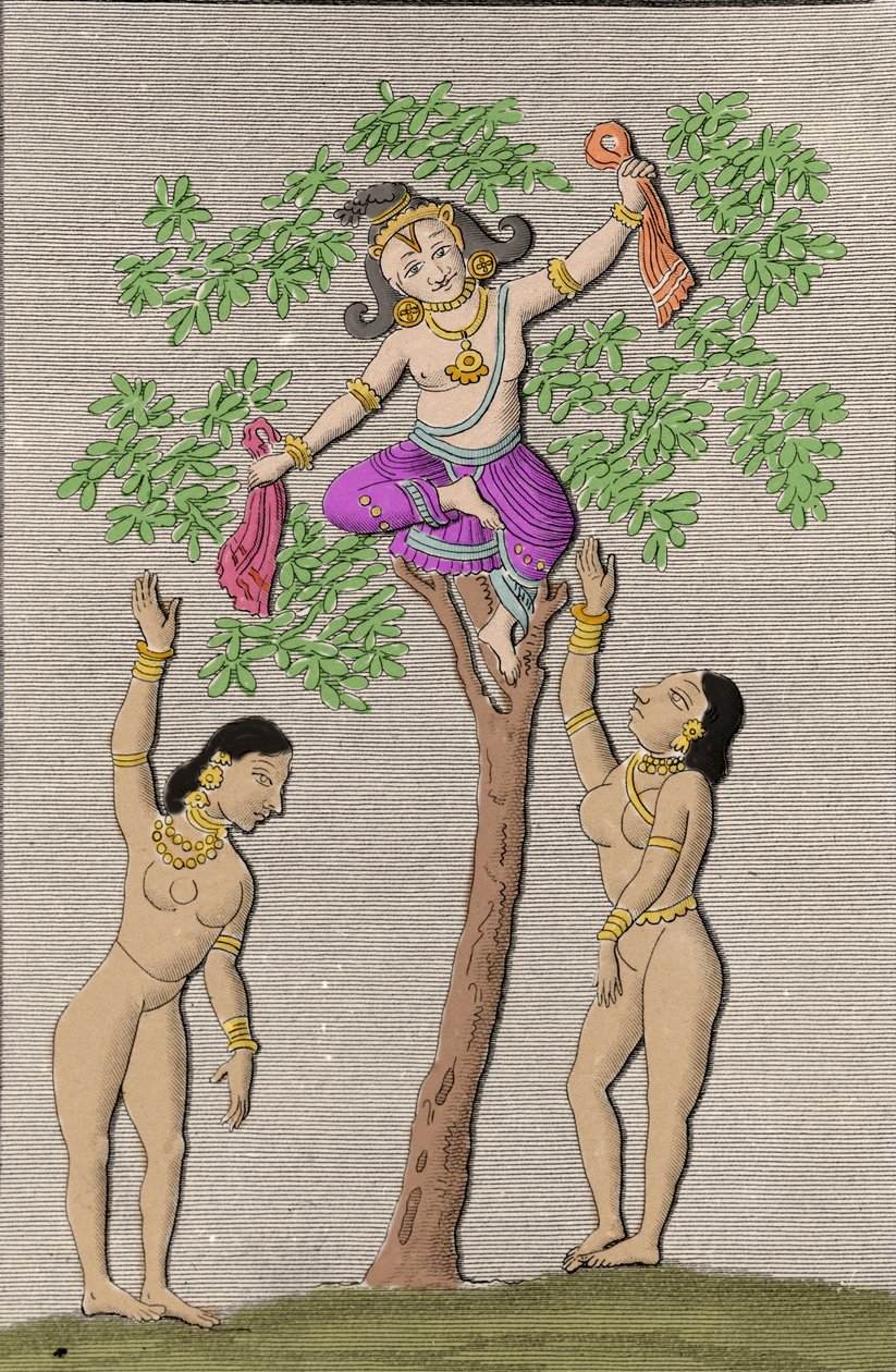 Krishna voando com dois gopis. gravado em "Ancient and Modern Monuments of Hindustan" de L.M. Langles, Paris 1821. de Unknown artist