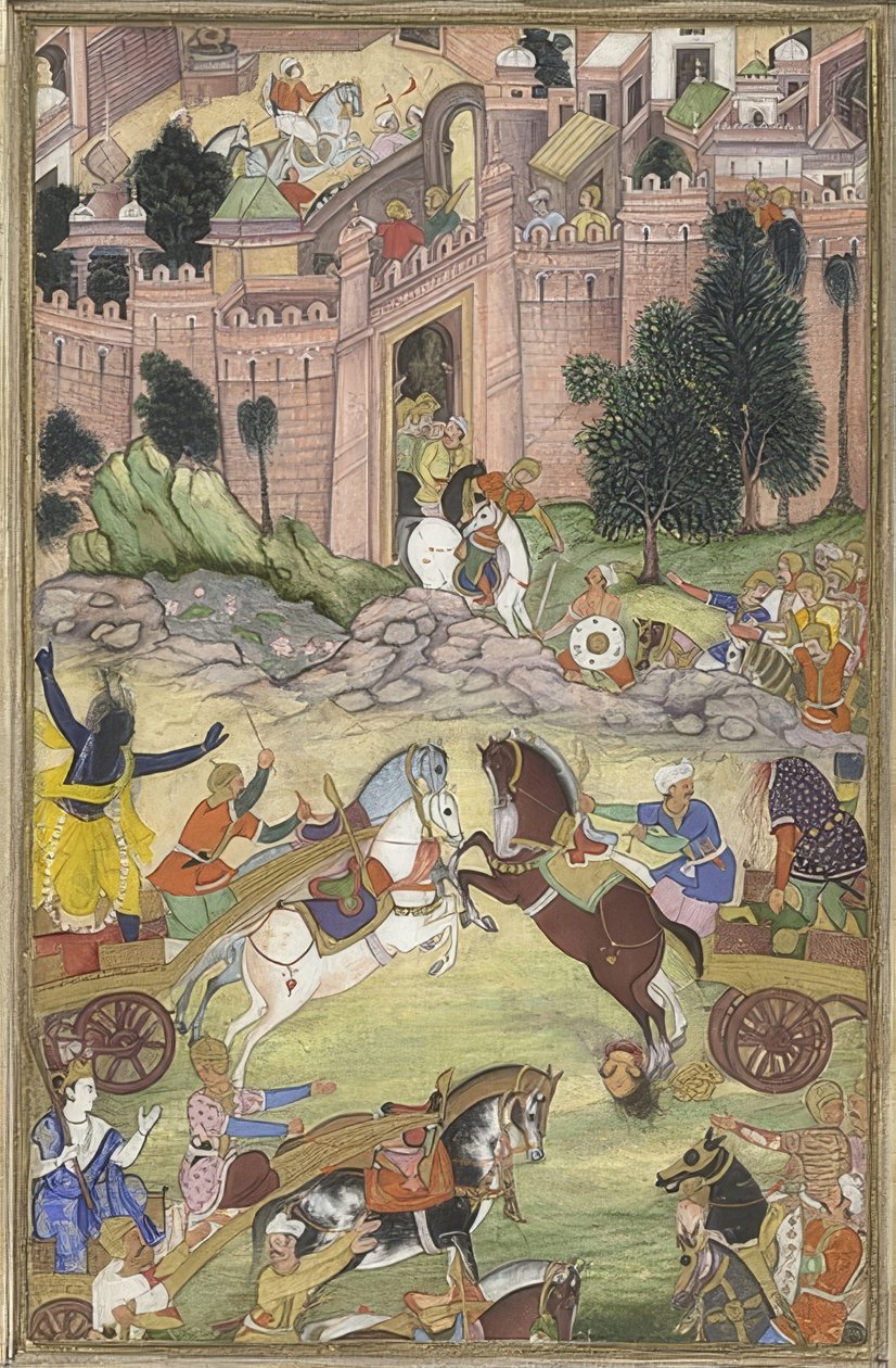 Krishna mata o demônio Sri Gala (cena de Harivamsa). Por volta de 1585 a 95 de Unknown