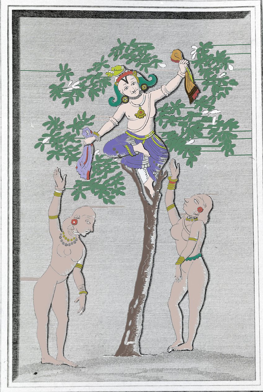 Krishnah a roubar os vestidos de dois gopi. L. M. Langlès: "Ancient and Modern Monuments of Hindustan" Paris de Unknown artist