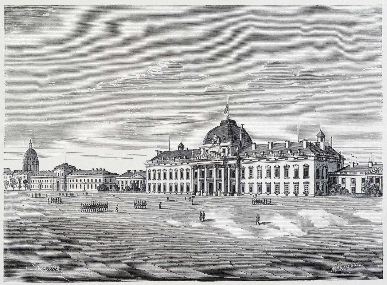A Ecole Militaire des Invalides vista do Champ de Mars - gravura, c.1830 de Unknown artist