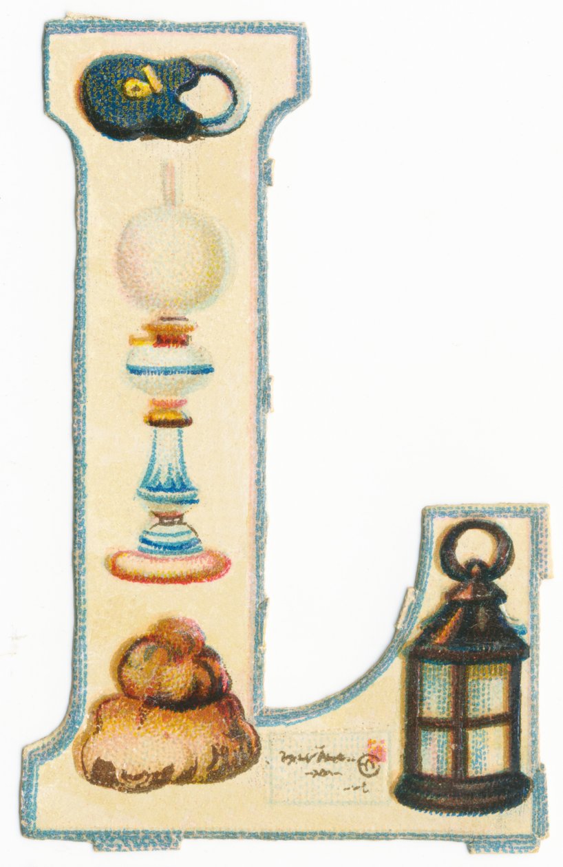 L: fechadura, lâmpada, lotes de, carta, lanterna (litografia de cor) de Unknown artist