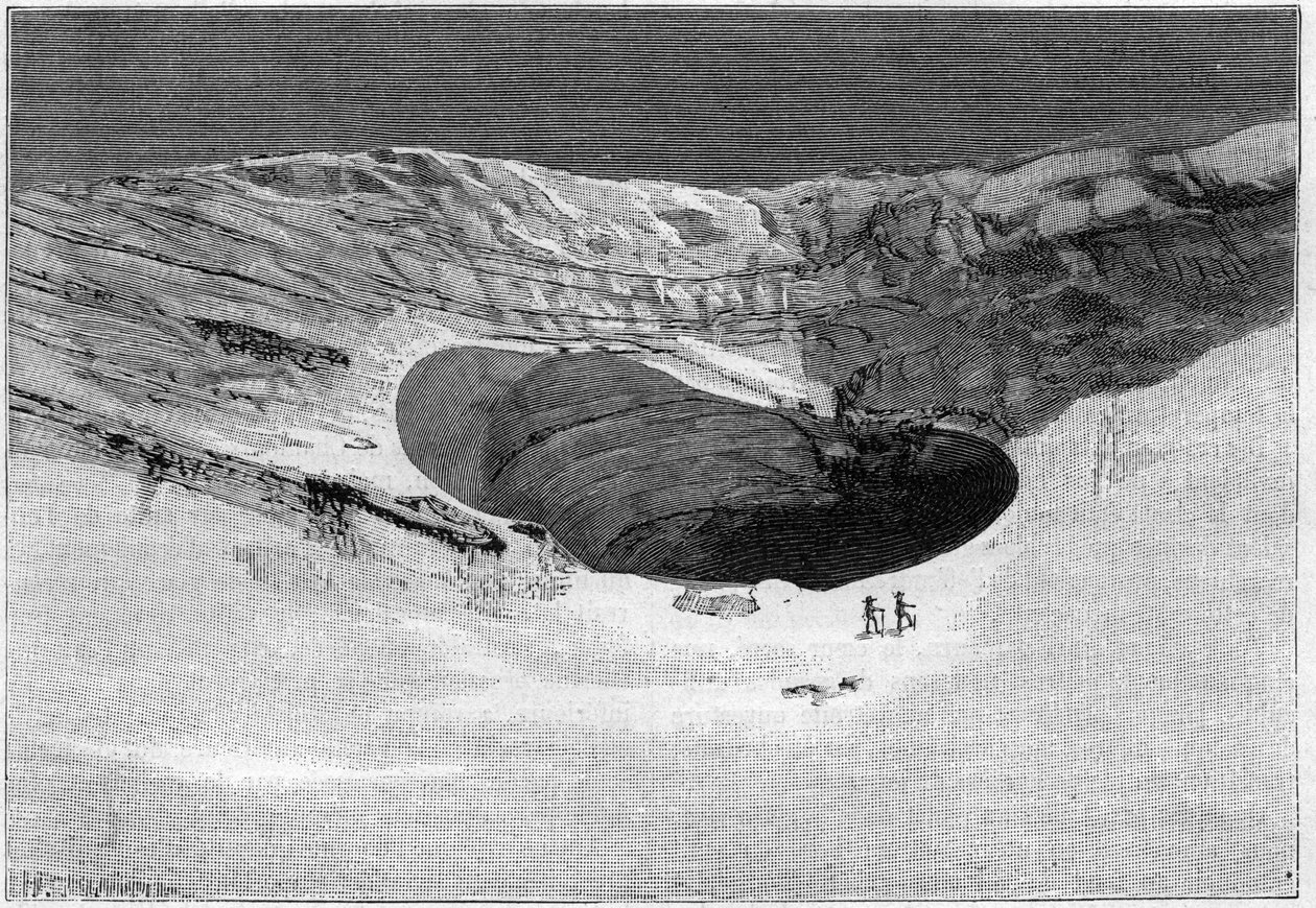 La Catastrophe de Saint-Gervais (Saint Gervais) ou catástrofe do glaciar de la Tete Rousse (departamento de Haute-Savoie) (12-13 de Julho de 1892) - Glaciar de Tette-Rousse - caverna interior e parede de rasgar o glaciar, Gravura em "La Nature" - 20 de Ago de Unknown artist