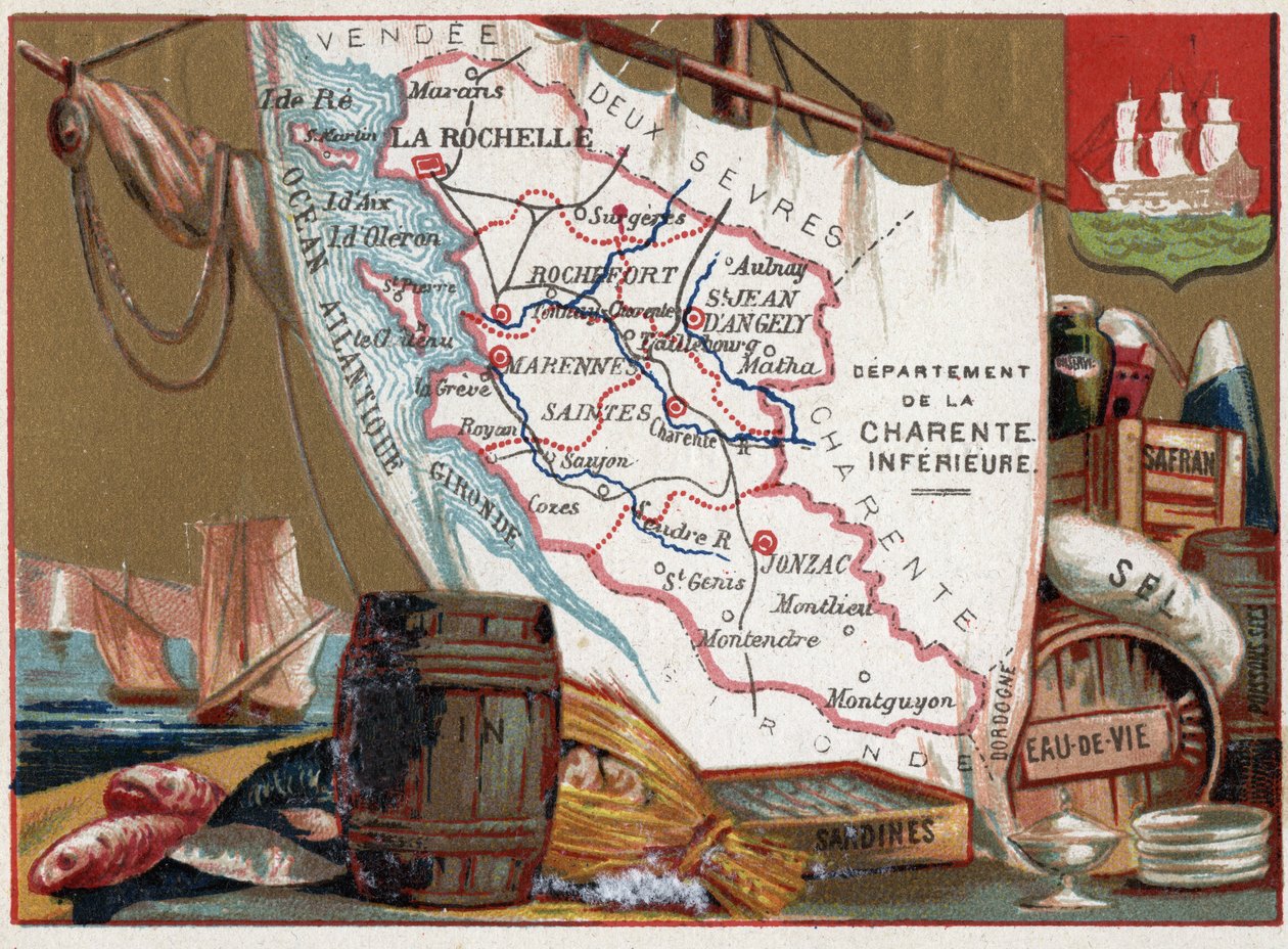 La Charente Inferieure, Poitou Charentes, França. Vinho, brandy, sardinhas, sal, açafrão, peixe seco, c.1920 de Unknown Artist