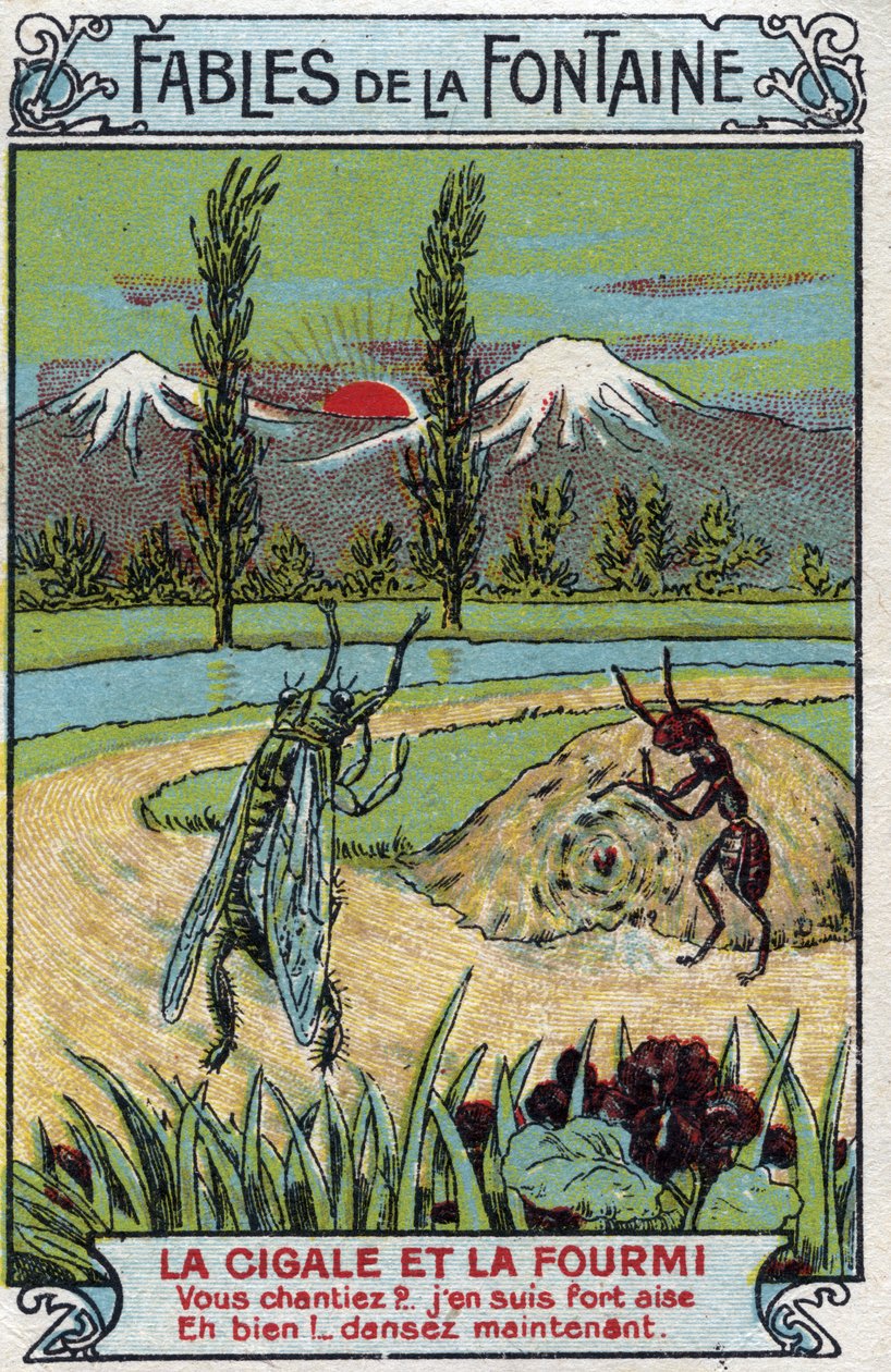 La Cigale et la Fourmi - Fábulas de Jean de La Fontaine (1621-95) - Cromolitografia do final do século XIX Coleção Particular de Unknown artist