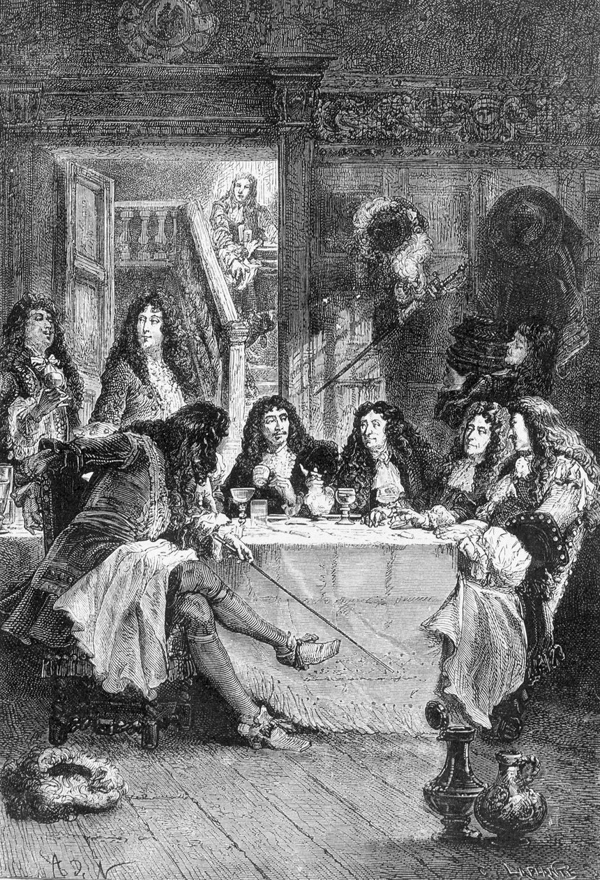 La Fontaine, Boileau, Molière e Racine dinant no cabaré - no "Histoire de France desde os tempos mais remotos até 1789" de M. Guizot de Unknown artist