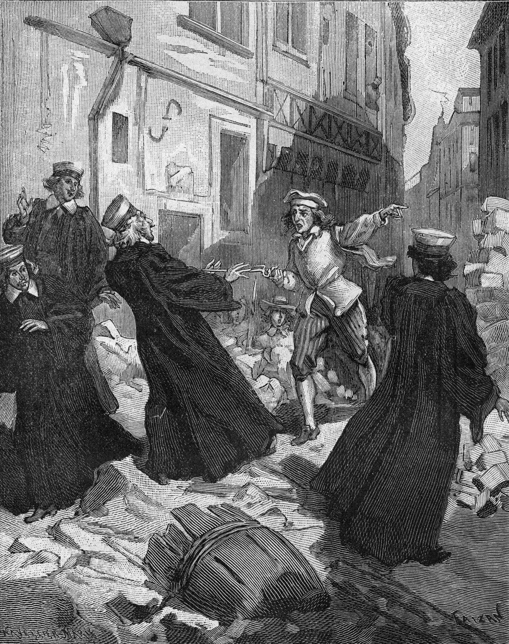La Fronde (27 de Agosto de 1648) - barricadas em Paris: um menino rotor ameaçando o Presidente do Parlamento, Mathieu Molé (1584-1656). Gravura do século XIX. No "Histoire de France" de Jules Michelet de Unknown artist