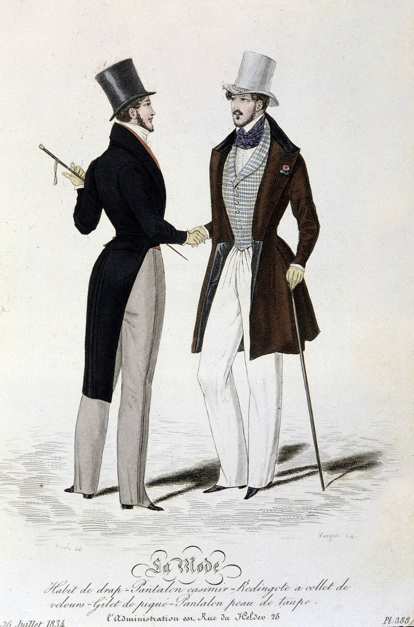 La Mode du 26 juillet 1834: (moda masculina) fato de chapéu - calças casimir - Redingote com gola de veludo - colete de piqué - pele de calças e cartola. de Unknown artist