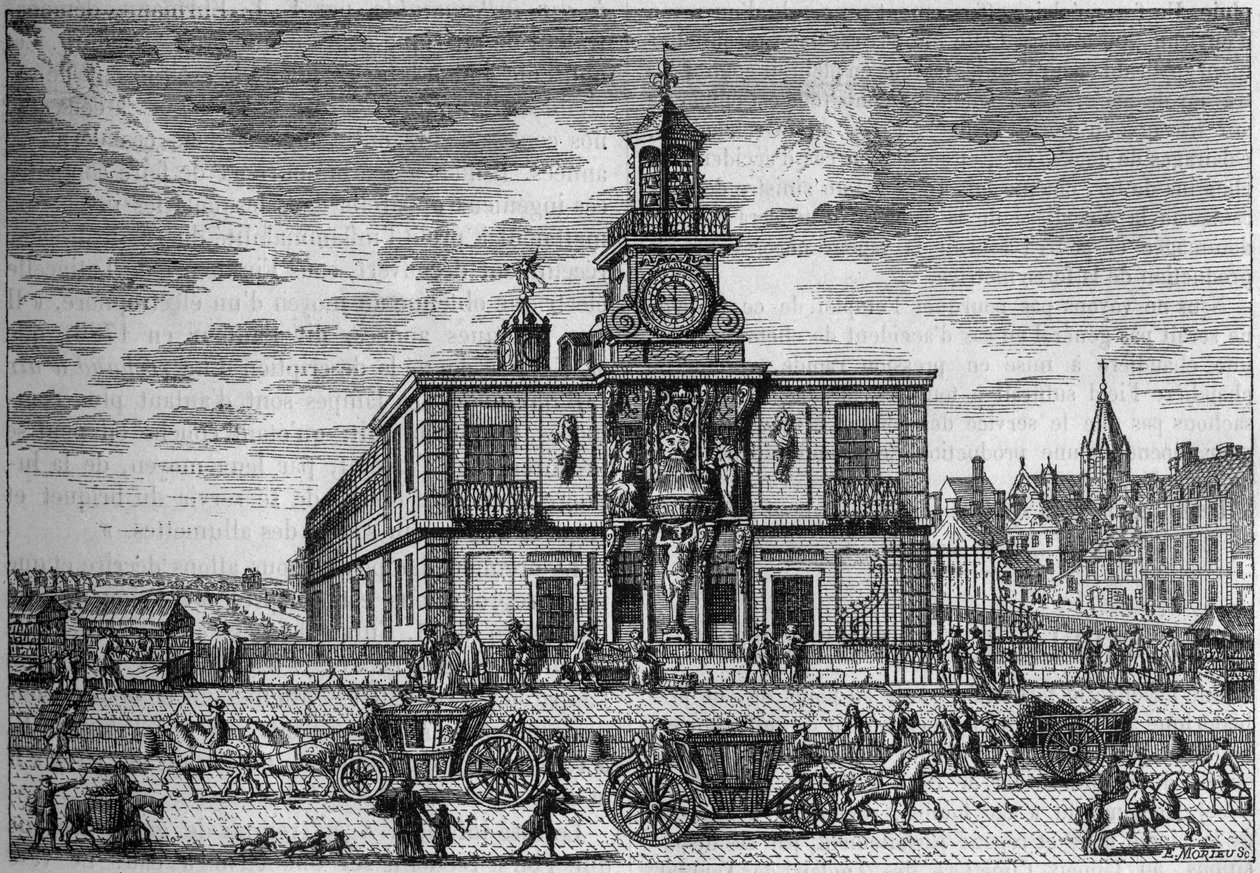 La Samaritaine, bomba de água localizada na ponte Gravura Neuf do século XVII. Gravura em "La Nature". Revue des sciences et de ses applications aux arts et a l