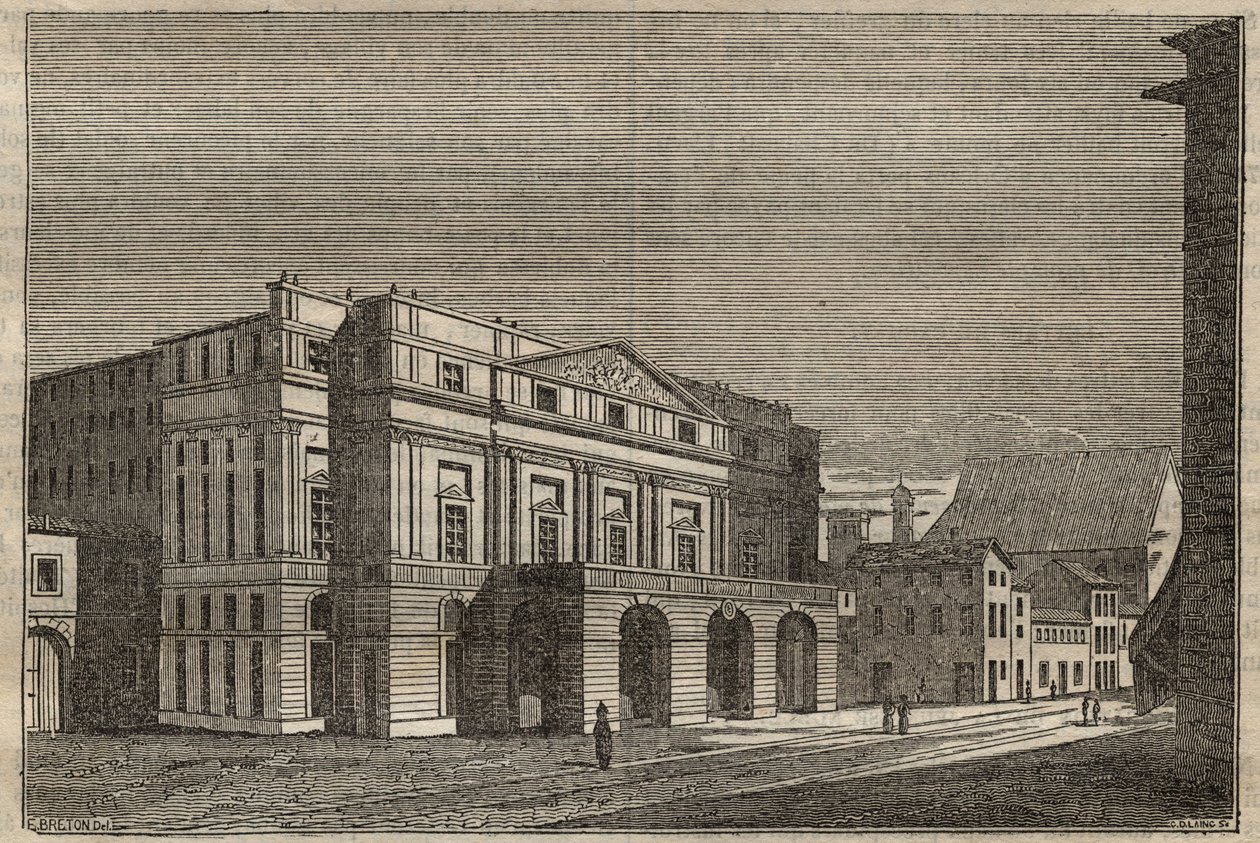 La Scala em Milão - Vista do teatro de La Scala em Milão, Itália - (Teatro alla Scala Milão) - 1837 de Unknown artist