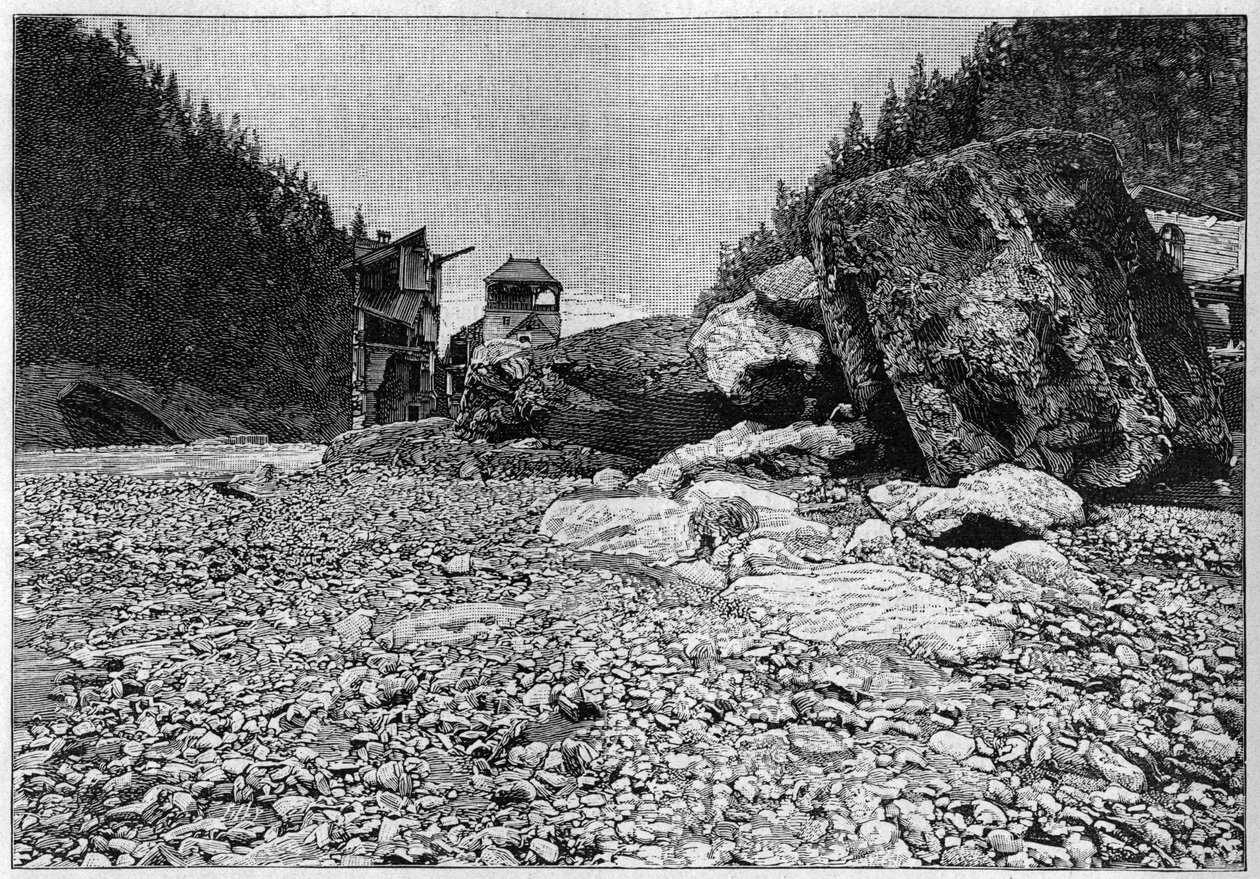 La catastrophe de Saint-Gervais (Saint Gervais) ou catastrophe du glacier de la Tete Rousse (departamento de Haute-Savoie) (12-13 Julho 1892) - Bains de Saint-Gervais após a catástrofe com os enormes blocos transportados pela torrente, Engraving in "La Nat de Unknown artist
