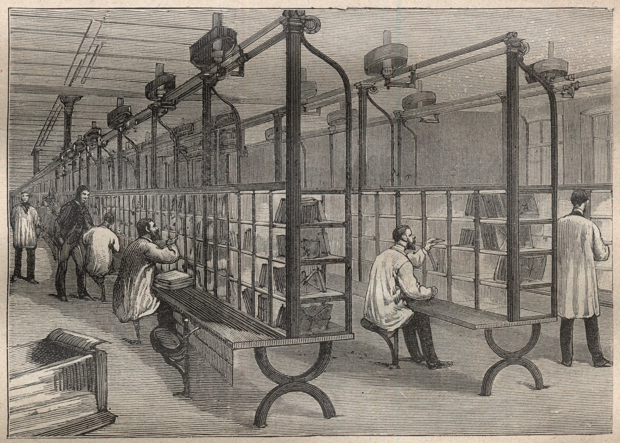 Os correios: classificação de cartas no Hotel des Postes em Paris - Engraving In "La Science francaise de Unknown artist