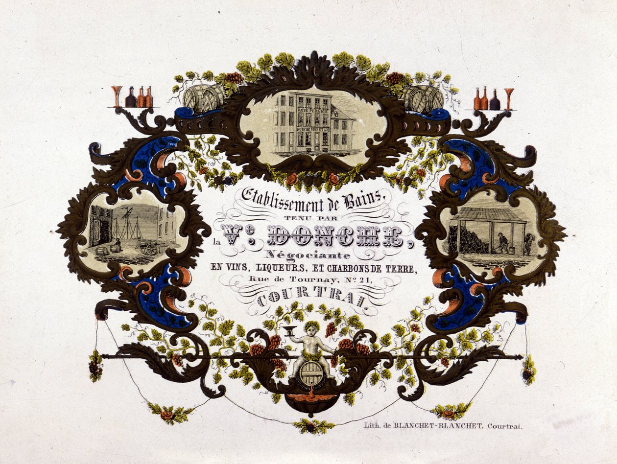 Rótulo para uma adega, licores e brasas de barro. Litografia de Unknown artist