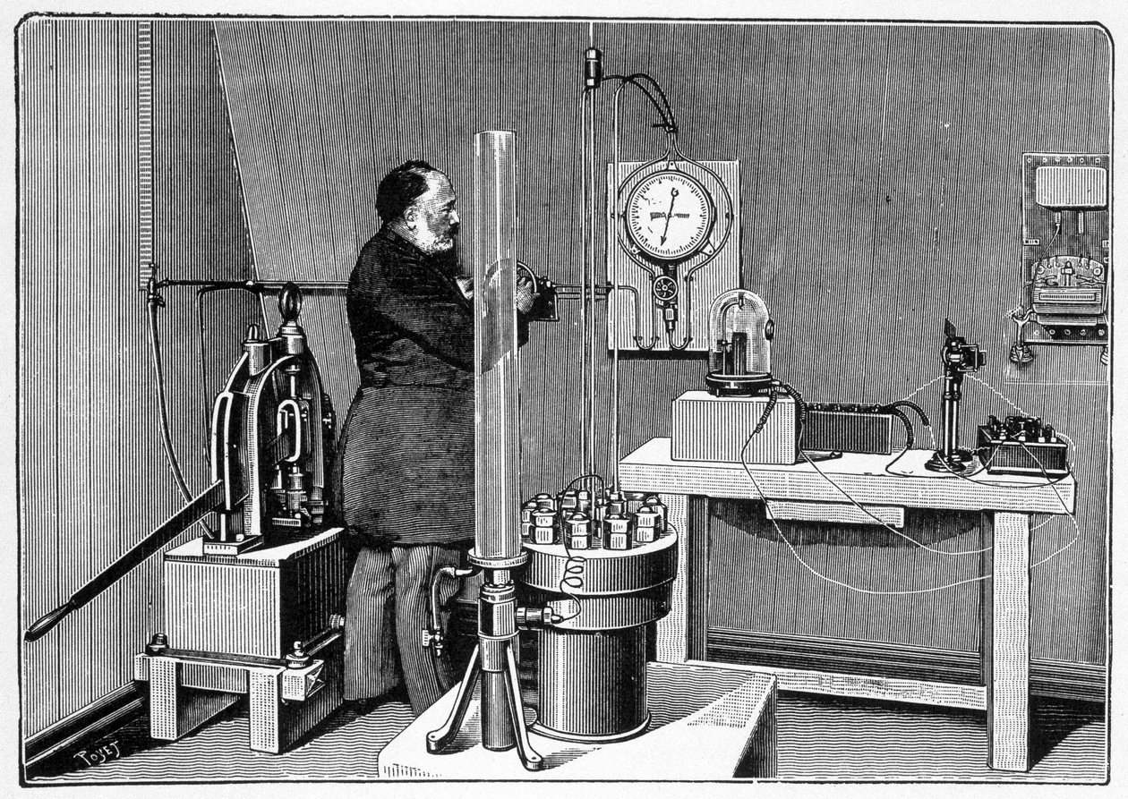 Laboratório instalado ao nível do solo no pilar oeste da Torre Eiffel - gravura de Unknown artist