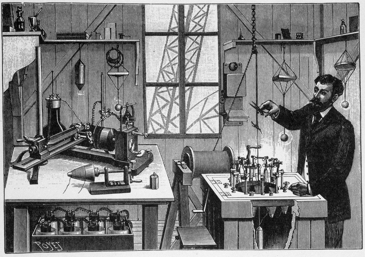 Laboratório do Gustave Eiffel na segunda plataforma da torre - gravura de Unknown artist