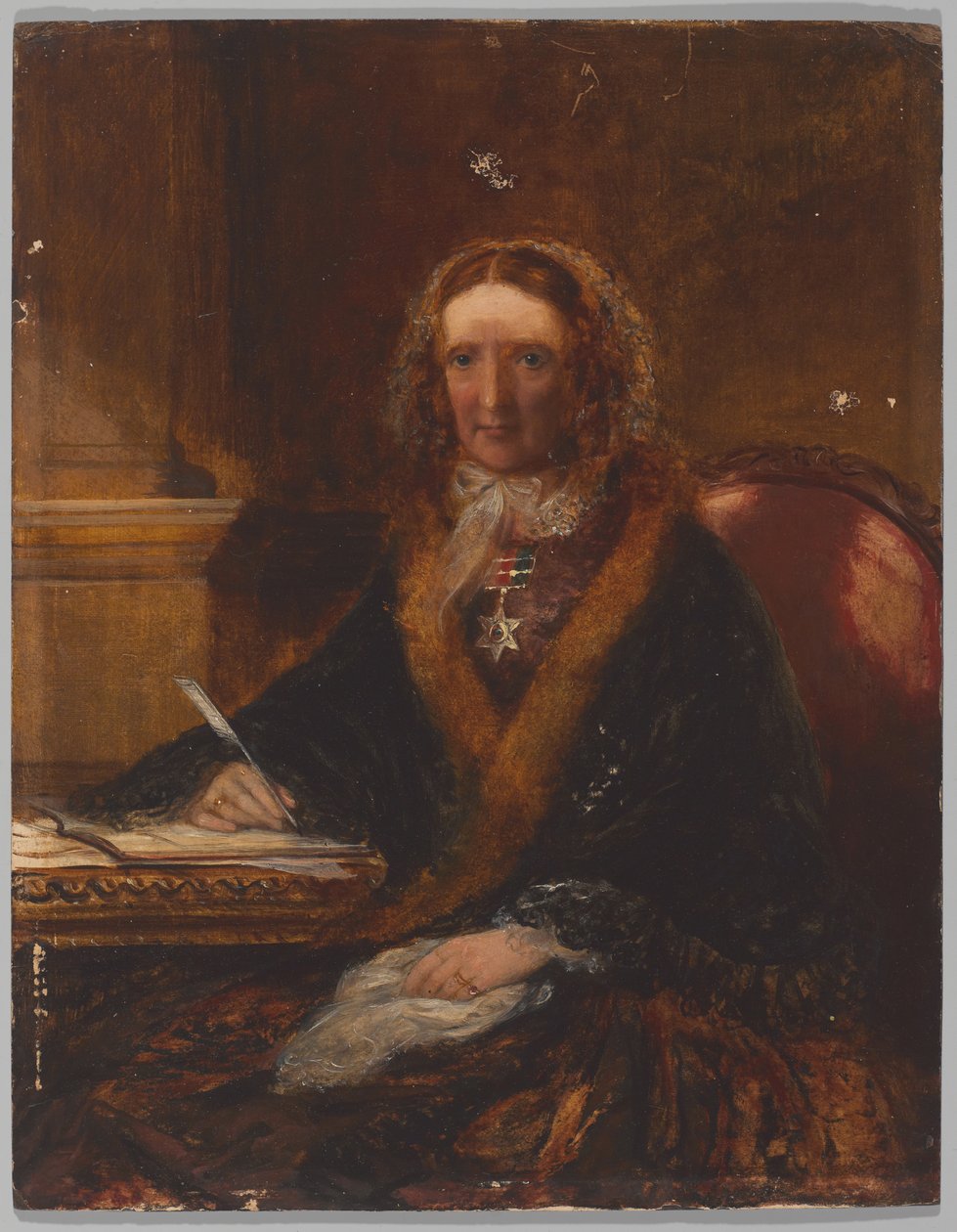 Lady Gough, usando a Estrela Maharajpoor, uma das quatro senhoras que receberam esta decoração por estarem presentes na batalha de 29 de Dezembro de 1843 (óleo a bordo) de Unknown artist