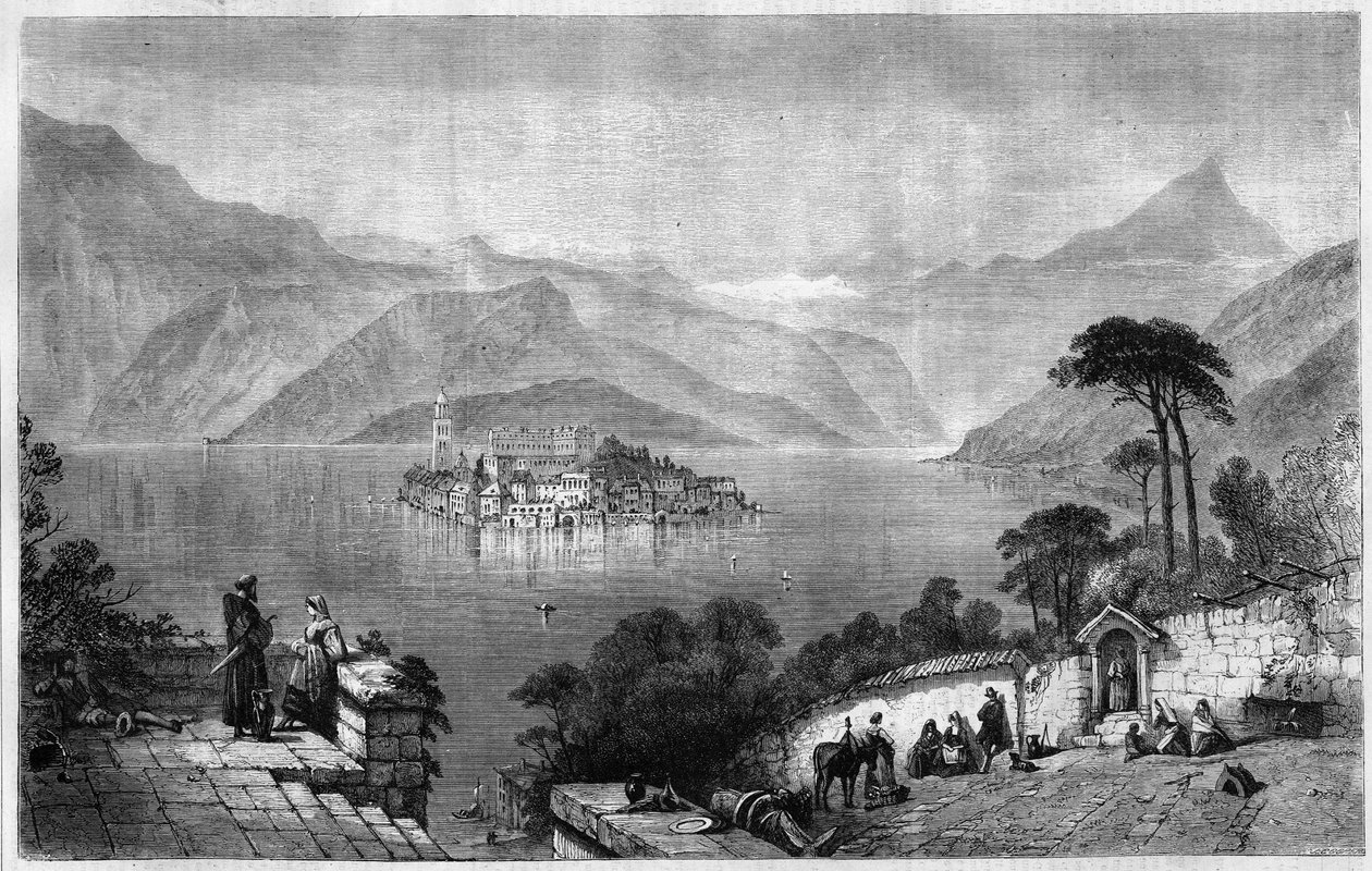 Lago Orta (Lago Cusio) (no meio da ilha de San Giulio (Saint Jules), na província de Novara, Itália. Gravura a partir de 1865. de Unknown artist