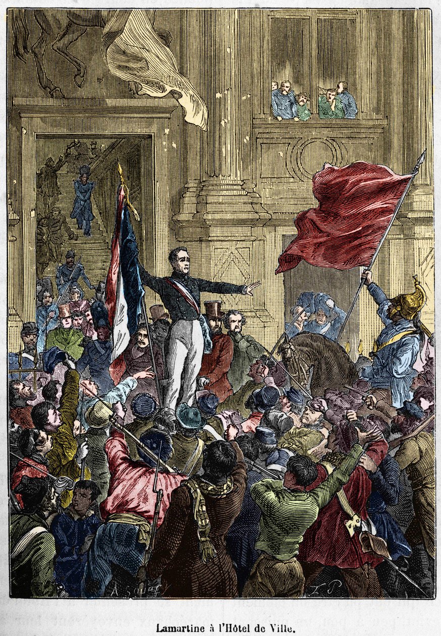 Lamartine (1790 - 1869), recusando a bandeira vermelha para a bandeira tricolor, na Câmara Municipal. Paris, 26 de Fevereiro de 1848. Coleção Bianchetti. de Unknown artist