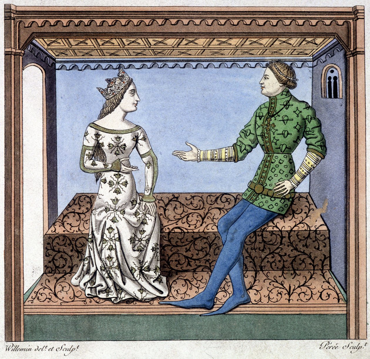 Lancelot e Guineèvre em conversa - extracto de Lancelot du lac, com base em documento de 1370. de Unknown artist
