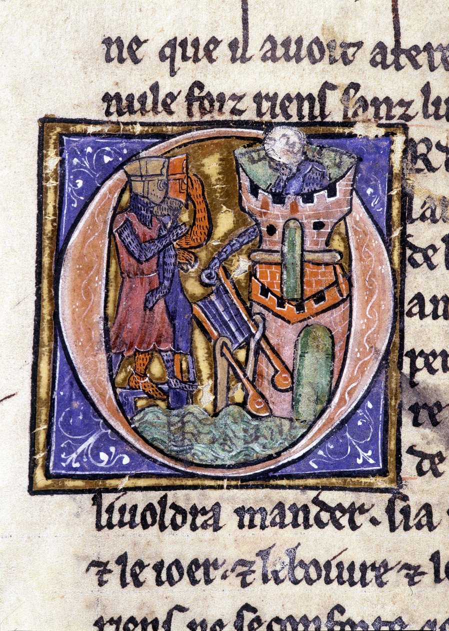 Lancelot no topo de uma torre. Manuscrito: Conquista do Saint Gréal, escrito 717 anos após a paixão do nosso senhor. Bibliotheque municipale de Rennes, ms. 255 (Coleção de romances da Távola Redonda); Paris de Unknown artist