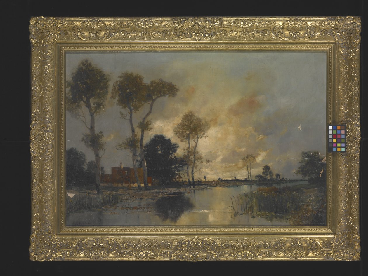 Paisagem com casa de campo e riacho (óleo sobre tela) de Unknown artist