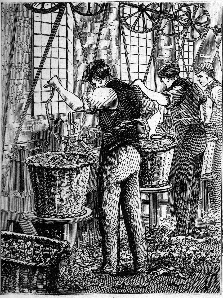 Grandes indústrias inglesas: Walter Evans fiação de algodão na Inglaterra, em 1863. Fabricação de bobinas. de Unknown artist