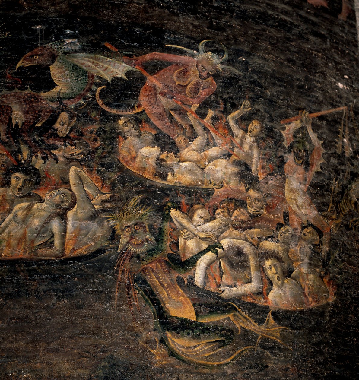 Último julgamento: as condenações ao submundo atormentadas por criaturas demoníacas. Detalhe de um fresco 1474-1484. Cathedrale Sainte Cecile em Albi. de Unknown artist