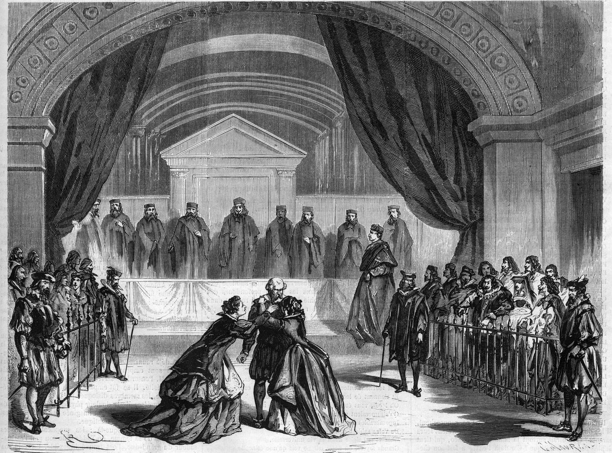 Última etapa da peça de teatro "Galileia", um drama de três atos de François Ponsard, poeta e dramaturgo francês (1814-1867), no teatro de comédia francês em Paris. Gravação em "L