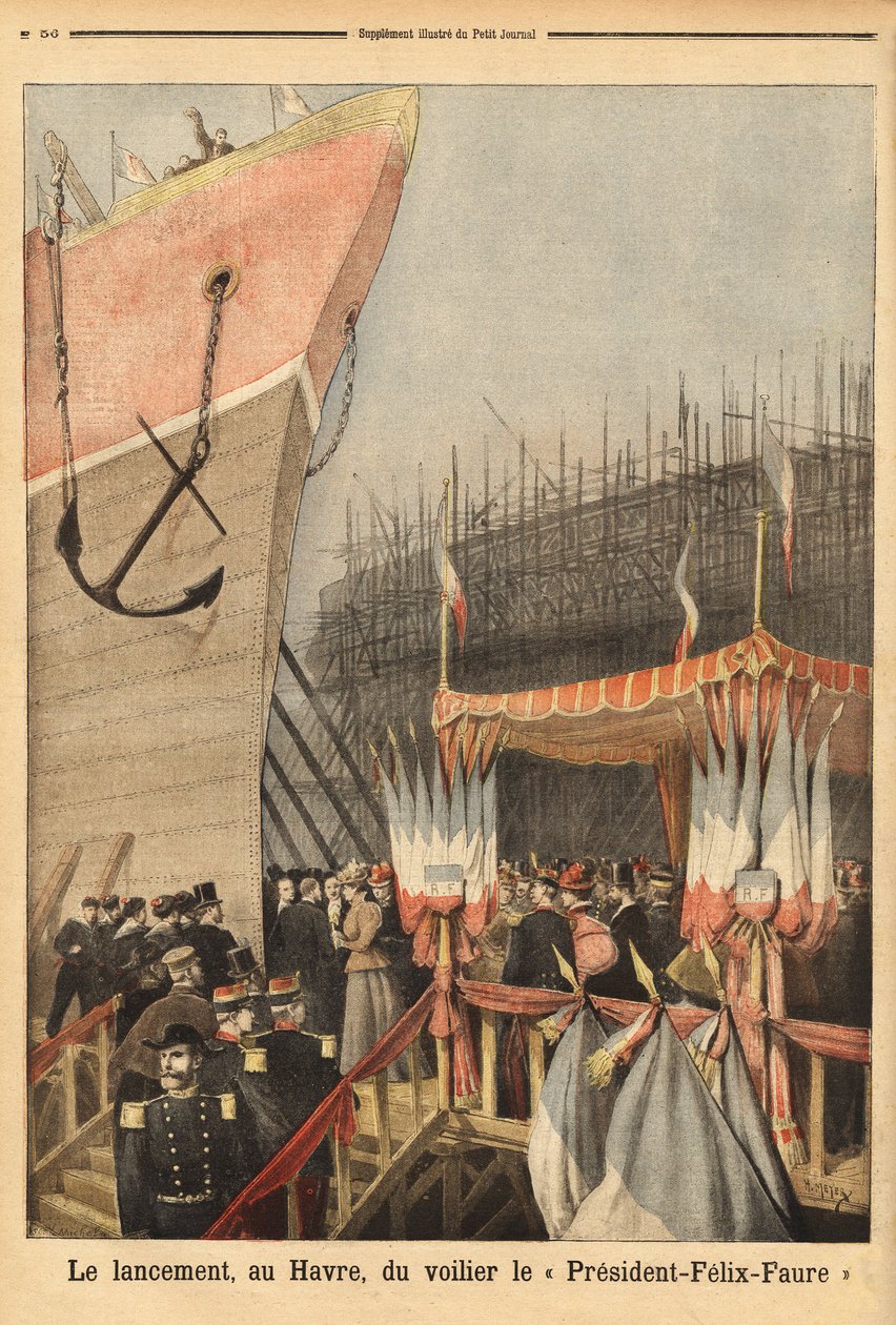 Lançamento do veleiro "Presidente Felix Faure", em 3 de fevereiro, em Le Havre, patrocinado por Lucie Faure, filha do chefe de estado e Louis Brindeau, prefeito de Le Havre; é o primeiro de uma série de veleiros de 4 marchas a ser construído em Le Havre a  de Unknown artist