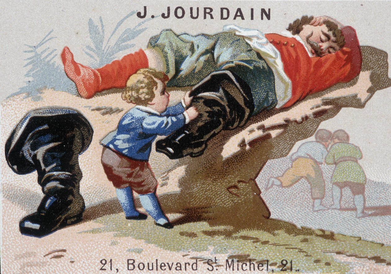 Le Petite Poucet remove as botas de sete léguas com o ogre asoupi - Etiqueta publicitária Jourdain de Unknown artist