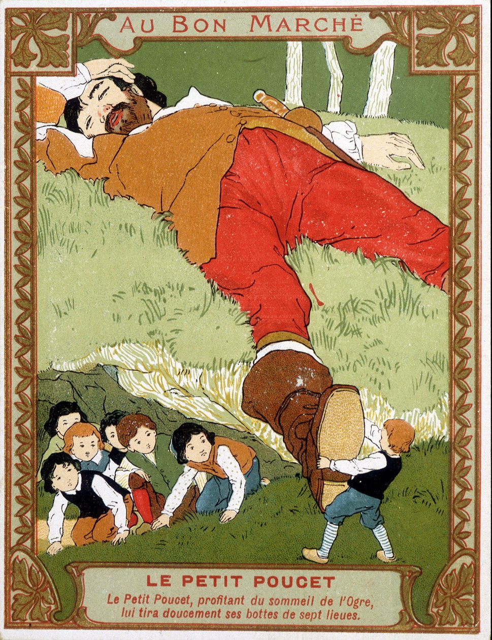 Le Petite Poucet tira as botas de sete léguas para o ogre asoupi - Bon Marché, selo publicitário do final do século XIX de Unknown artist