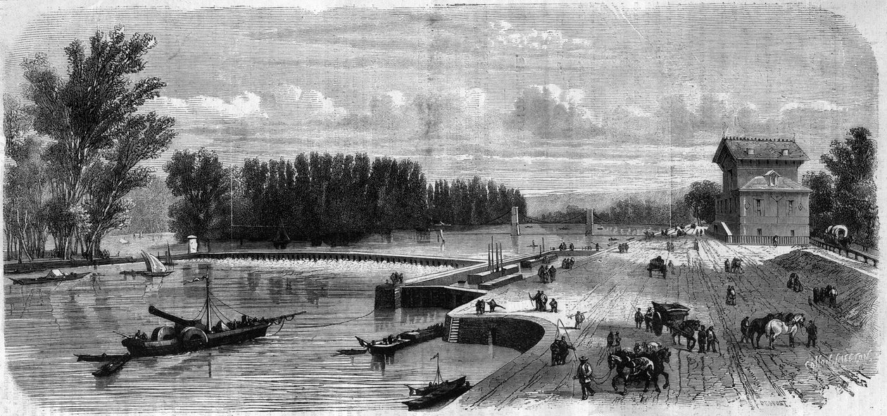 Le barrage de Suresnes - Gravação em "Le Journal Illustrie" (O Diário Ilustrado) de Unknown artist