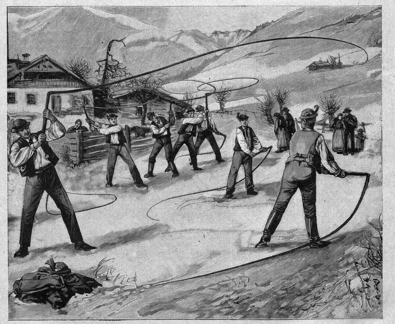 Le claqueurs du salskammergut - salskammergut: Em vários domingos depois do Ano Novo, os jovens de Salzburgo (Áustria) estalam chicotes para acordar a natureza do seu sono de inverno - gravura 1897 de Unknown artist