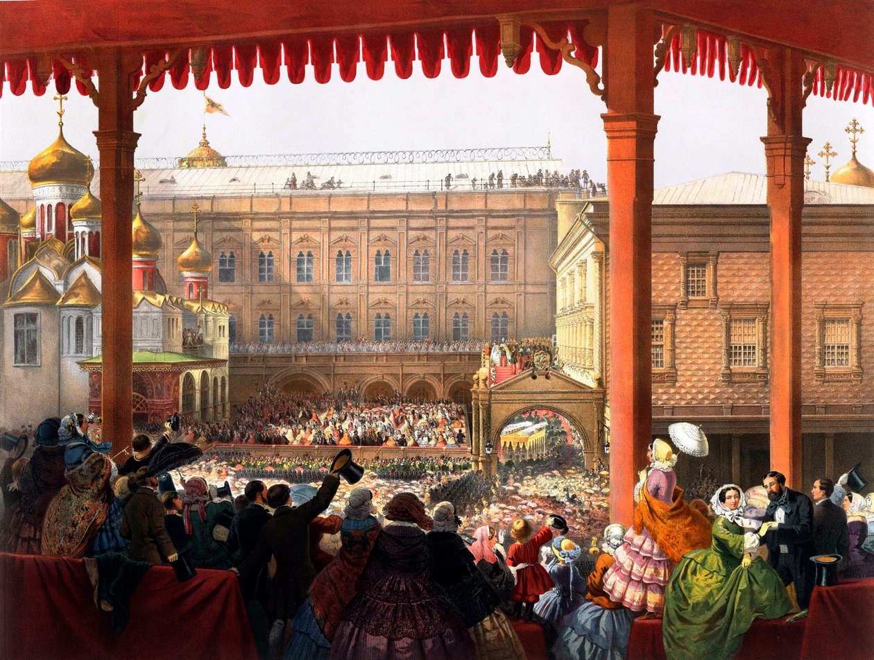 "A Coroação do Imperador Alexandre II (1818-1881) em 18/02/1855" Vista da multidão - Litografia anónima de Unknown artist