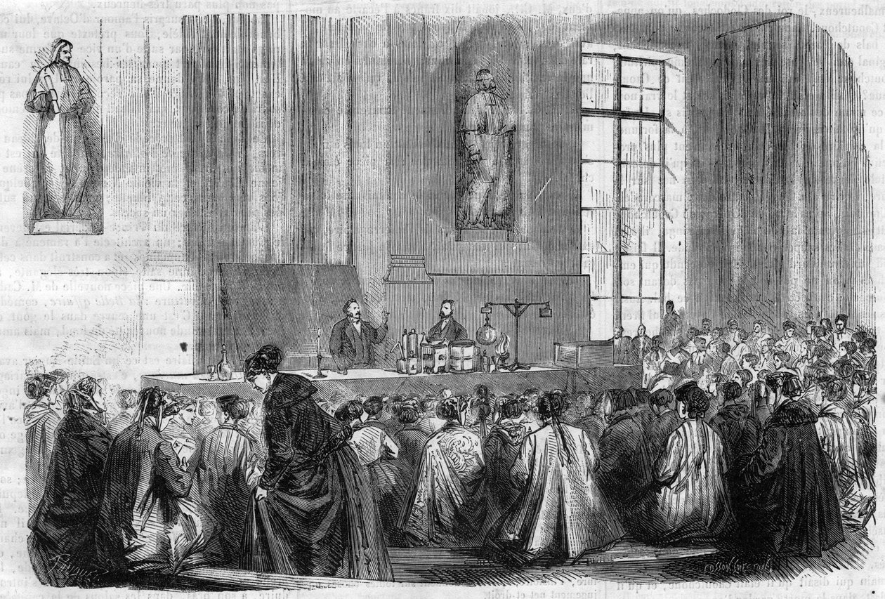 O curso secundário para raparigas na Sorbonne: aula de química - Engraving In "Le Journal Illustre de Unknown artist