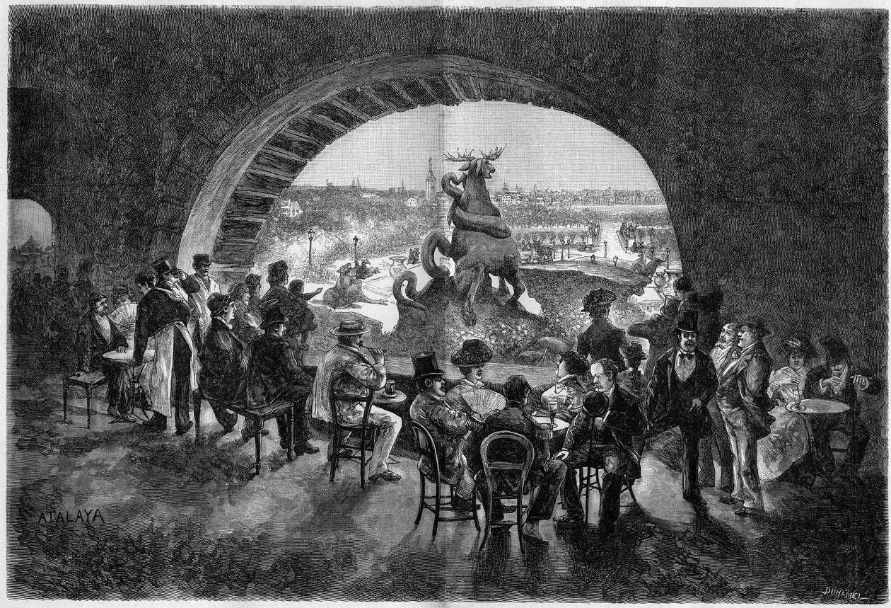 A parte inferior da cascata no jardim do Trocadero durante o tempo quente em Paris, onde os parisienses vêm para se sentar no frio. Gravação em "Le Monde Illustre". de Unknown artist