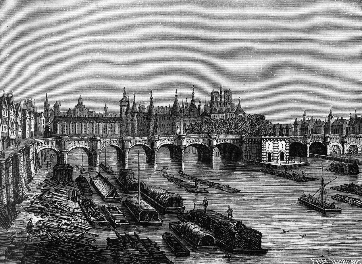 A Pont Neuf em Paris sob Henri III - no "Histoire de France" de Henri Martin, sd. século XIX de Unknown artist