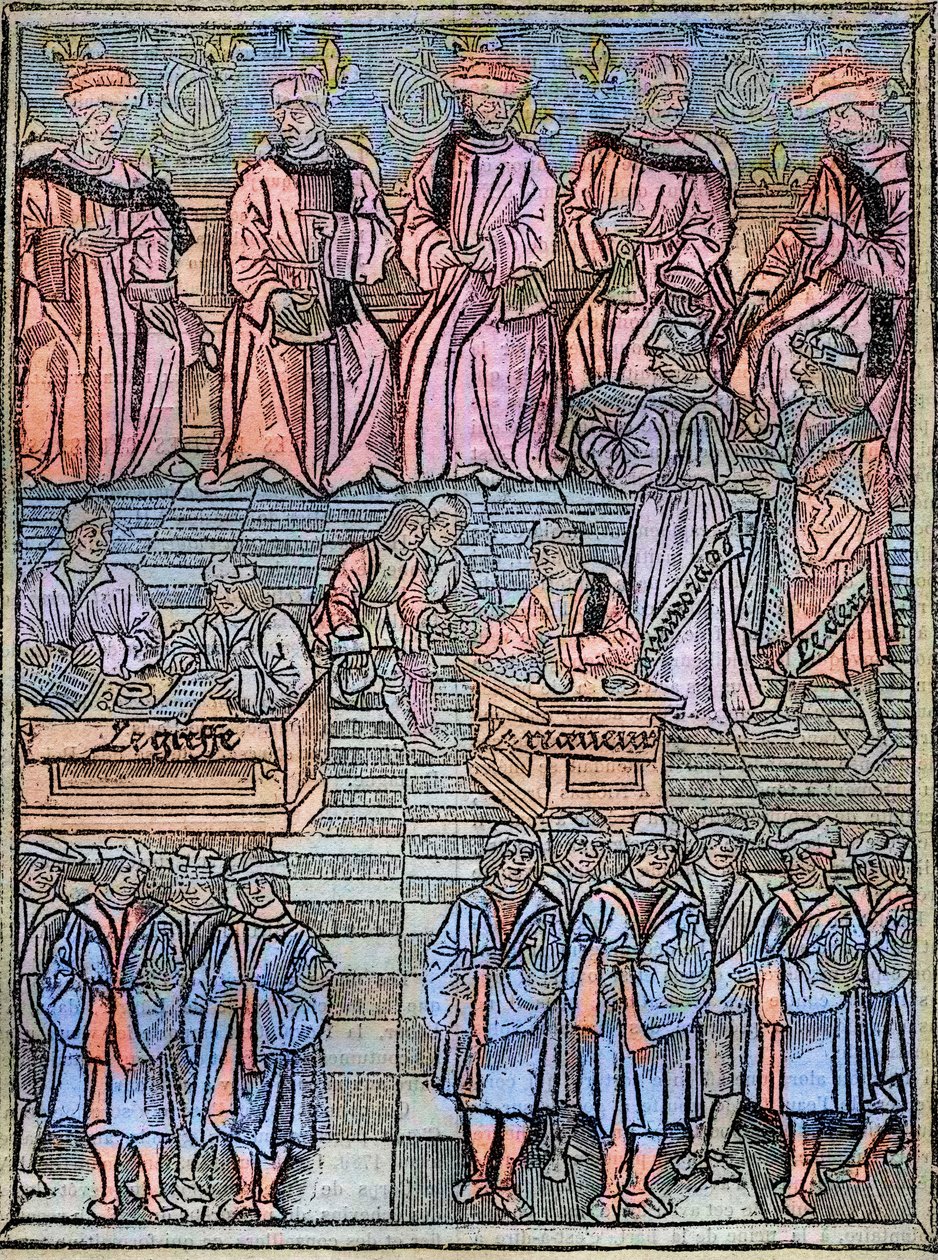 Le prevot des marchands et les echevins de Paris au 16eme century gravura após o original de 1528 - Reitor de comerciantes e vereadores de Paris, cena de cobrança de impostos, página de título do "Royal ordinances of the Jurisdiction of the Prevote des Mer de Unknown artist
