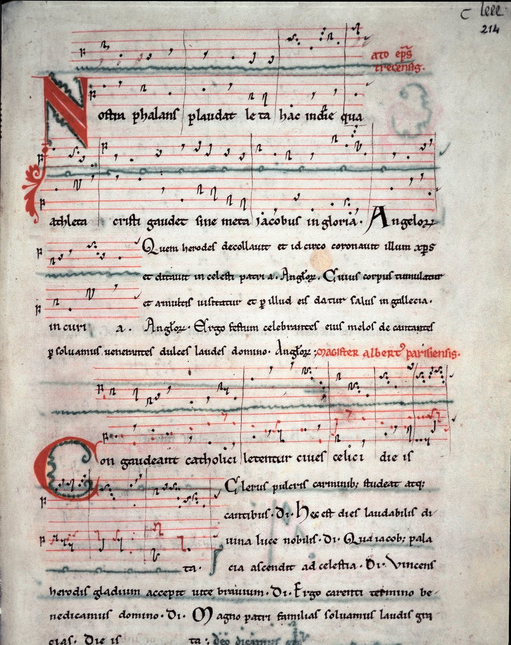 Folheto de um guia peregrino com a letra da peregrinação de Santiago de Compostela Fol. 214 r. A partir de um manuscrito do século XIII. Arquivo da Catedral de Santiago de Compostela (Santiago de Compostela), Espanha de Unknown artist