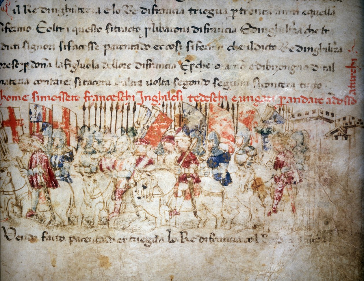 Liga de franceses, ingleses, alemães e húngaros contra os turcos em 1391 - em "Croniche del Sercambi", cerca de 1400. Arquivo Nacional, Lucca. de Unknown artist