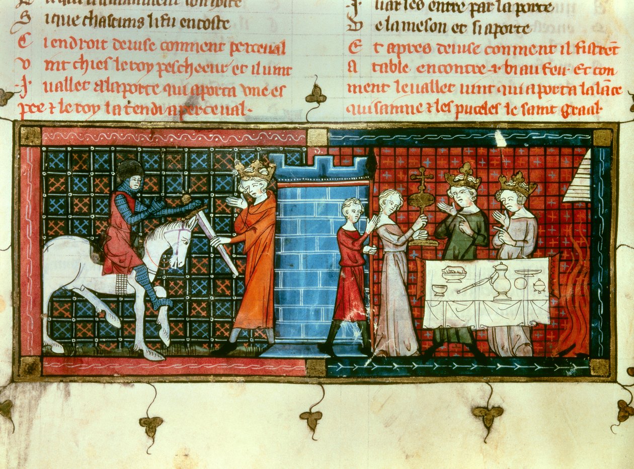 Esquerda: Perceval a receber uma espada do Rei Pescheor. Direita: Procissão do Santo Graal. Miniatura de "Tale du Grail". de Unknown artist