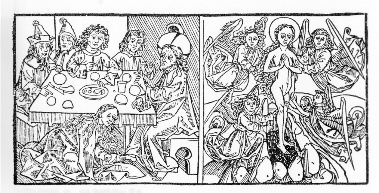 esquerda: Santa Maria Madalena seca os pés de Jesus com os seus cabelos. À direita: Santa Maria Madalena sobe para o céu. Manuscrito de 1488 impresso em Nuremberga. Gravura de "Leben der Heiligen - sommerteil" (O livro da santa) de Jacobus (Tiago) de Vora. de Unknown artist