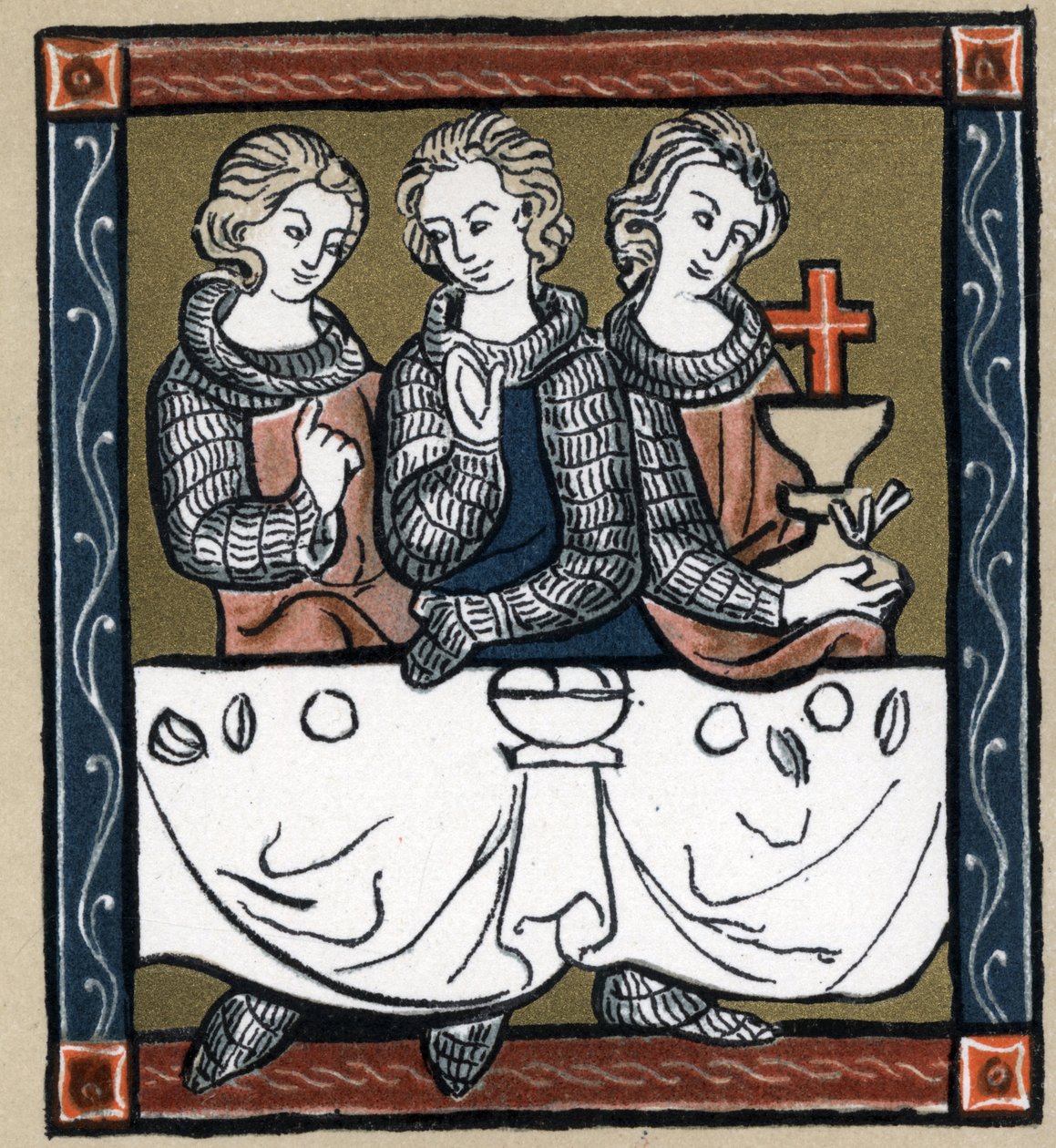 Lenda arturiana: Galahad (Gaalad ou Galaad), Perceval e Bohort (Bors ou Borrt) com o Santo Graal. Em "Geschichte der Franzosischen Literatur", de Hermann Suchier de Unknown artist