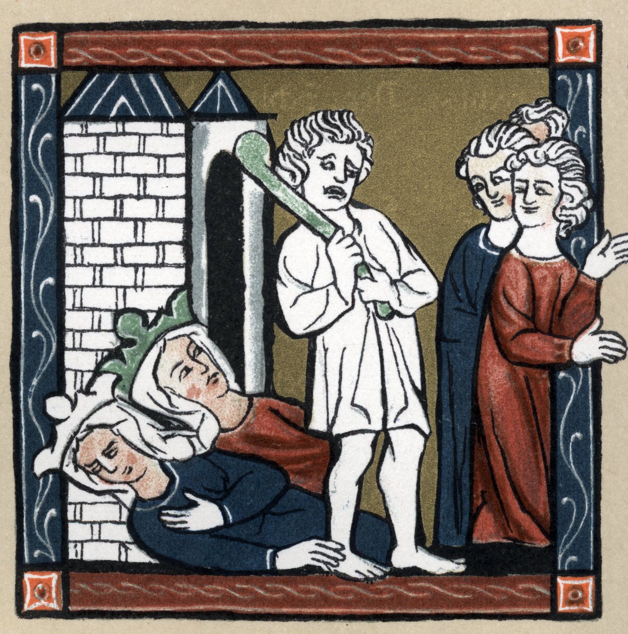 Lenda Arthurienne: Lancelot du lac delivre Rainha Guenievre e sua amiga do castelo que desmaiam e os habitantes fogem. Em "Geschichte der Franzosischen Literatur", de Hermann Suchier de Unknown artist