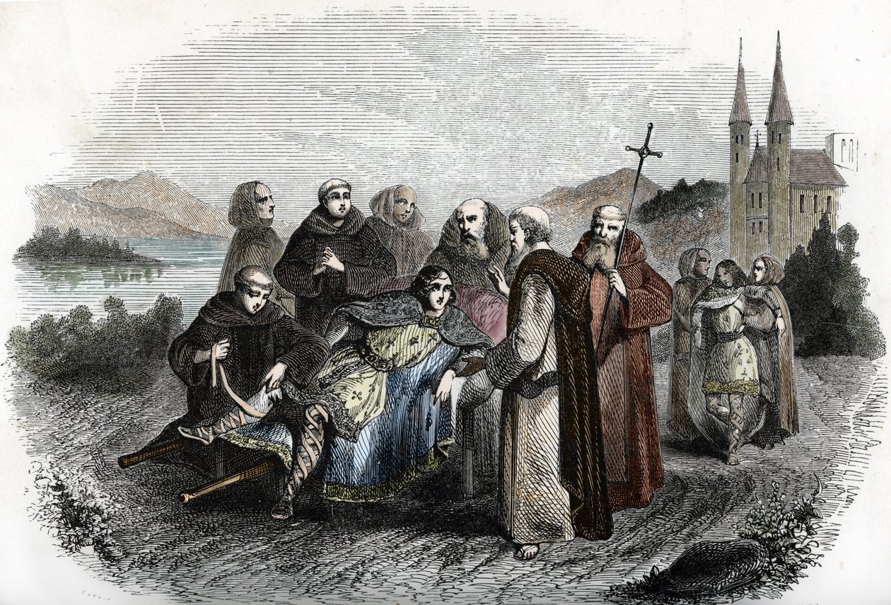 Legende des enerves de Jumieges: os dois filhos do rei Merovingian Clovis II, punidos por revolta contra o seu pai, são recolhidos pelos monges da Abadia de Jumieges, perto de Rouen, aproximadamente 660 (Os filhos do rei Clovis II, depois de serem punidos  de Unknown artist
