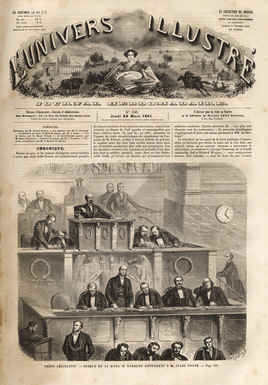 Órgão legislativo - sessão de 14 de março de 1861 - Pierre Jules Baroche (1802-1870) respondendo a Jules Favre (1809-1880) - o Universo Ilustrado de 1861 de Unknown artist