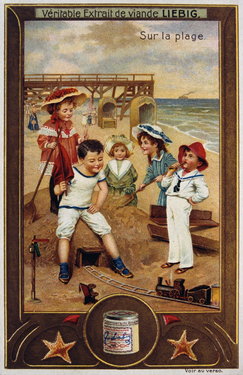 Cartão Leibig representando crianças francesas na praia 1890 de Unknown artist