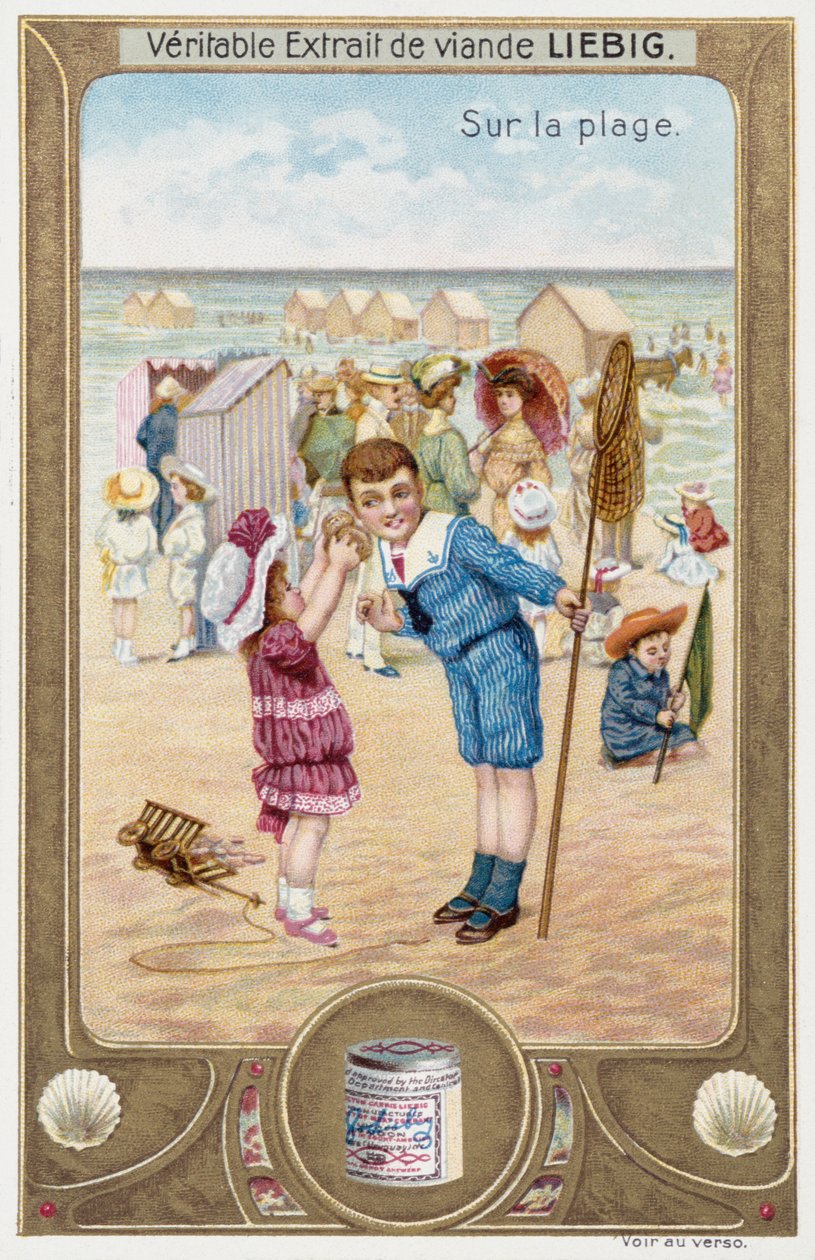 Cartão Leibig representando crianças francesas na praia 1890 de Unknown artist