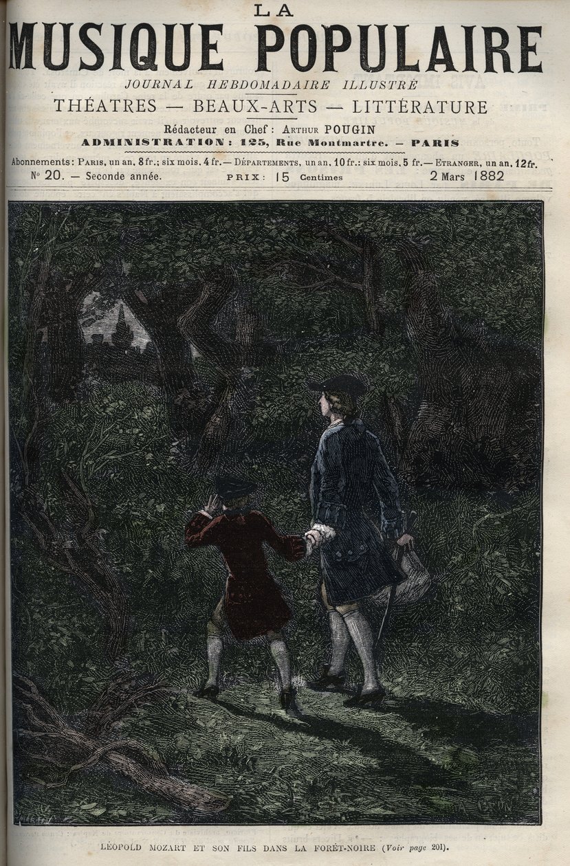 Leopold Mozart e seu filho Wolfgang Amadeus na floresta negra - Leopold Mozart e seu filho Wolfgang Amadeus na floresta negra na Alemanha - gravura no ilustre jornal semanal "Música Popular" - 1882 de Unknown artist