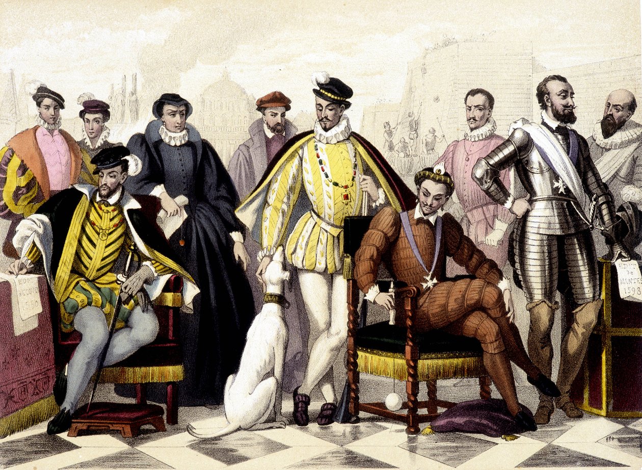 Les Valois - De 1547 a 1589. Henrique II, Catarina de Médici (Caterina de Medici), Carlos IX, Henrique III, Henrique IV. Gravura do século XIX. de Unknown artist