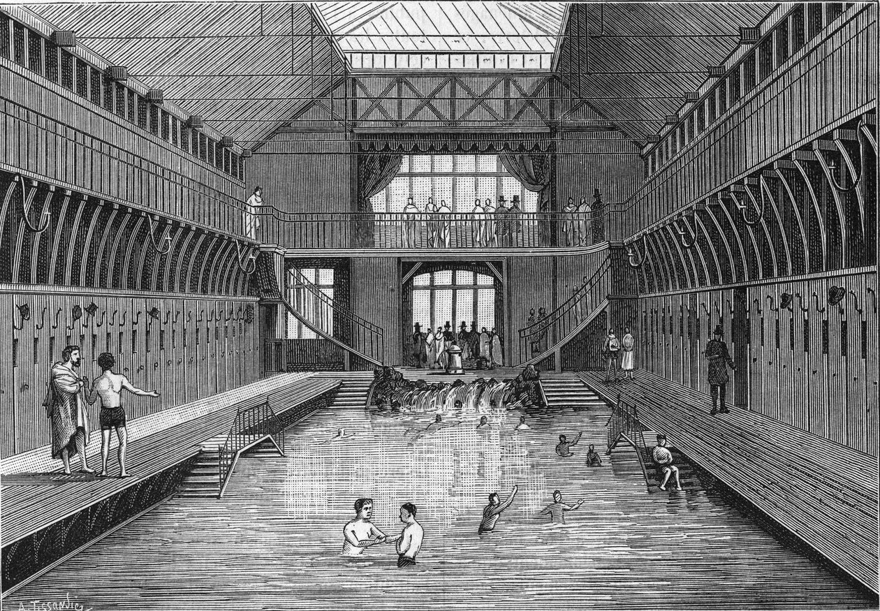 Les bains publics à bon marche de la rue Chateau-Landon (Chateau Landon) à Paris em 1884. em "La Nature". Review of sciences and their applications to the arts and industry". de Unknown artist
